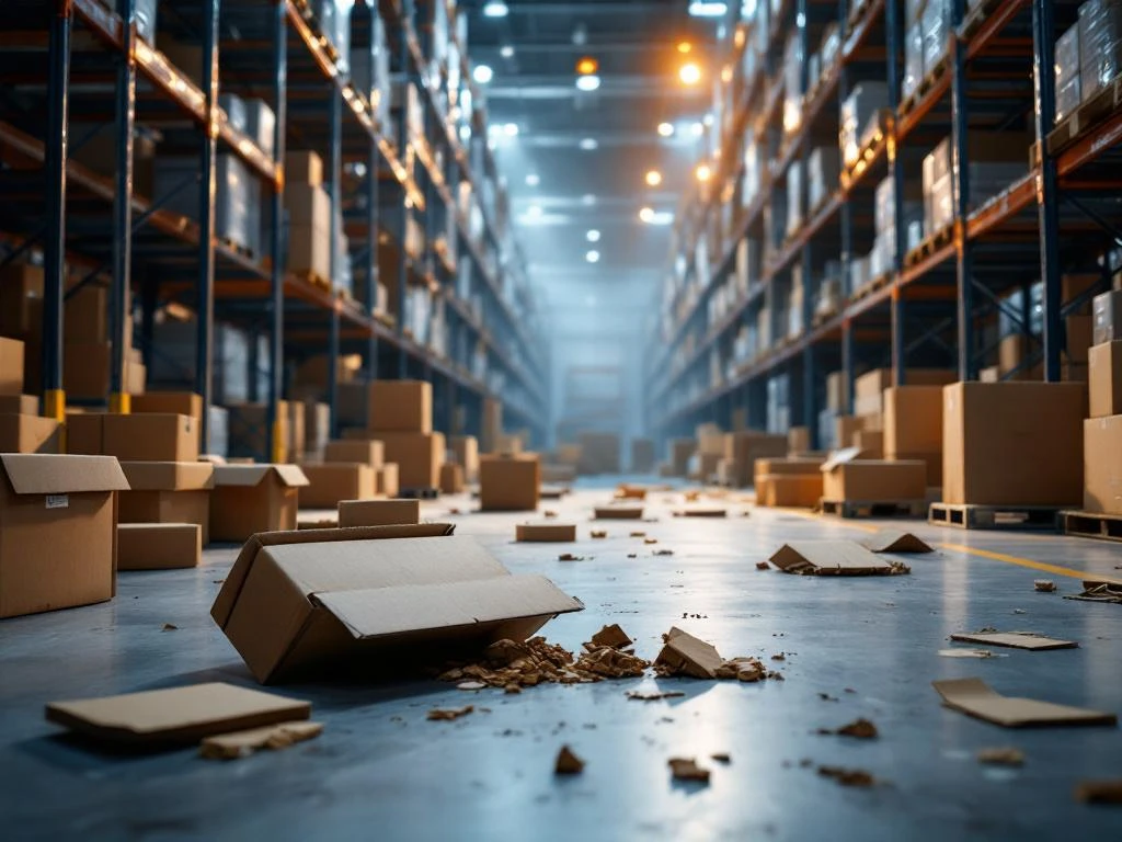Beschadigde kartonnen dozen verspreid over magazijnvloer met gescheurde verpakkingen en gemorste inhoud tussen stellingen