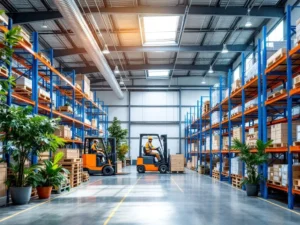 Duurzaam magazijn met zonnepanelen, LED-verlichting, gerecyclede stalen stellingen en werker met elektrische heftruck