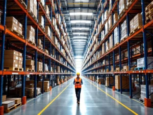 Moderne distributiehal met blauwe stellingrekken, dozen op pallets en werknemer met tablet tussen gemarkeerde gangen