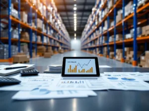 Bureau met financiële documenten en tablet in moderne magazijn met blauwe stellingrekken vol voorraaddozen