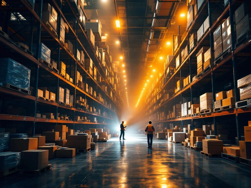 Chaotisch magazijn met verspreide dozen op verkeerd uitgelijnde rekken, werknemer zoekt met zaklamp tussen pallets