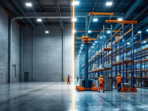 Magazijn transformatie: lege ruimte links, rechts werknemers die blauwe stalen palletrekken installeren met oranje hefapparatuur