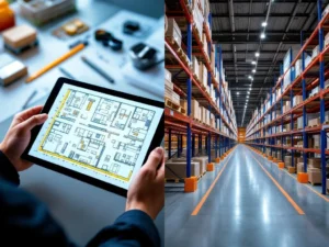 Magazijnindeling testen: digitale plattegrond op tablet links, geïmplementeerde stellingen met blauwe frames rechts