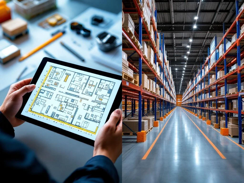 Magazijnindeling testen: digitale plattegrond op tablet links, geïmplementeerde stellingen met blauwe frames rechts