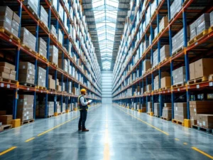 Magazijnmanager met tablet analyseert voorraadgegevens tussen hoge blauwe stellingrekken in moderne warehouse