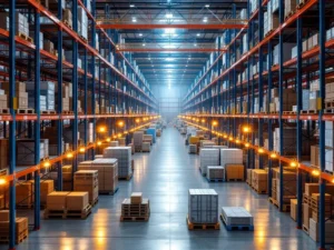 Magazijn met blauwe stalen stellingen, mobiele opslageenheden en palletrekken tijdens piekseizoen voorbereiding