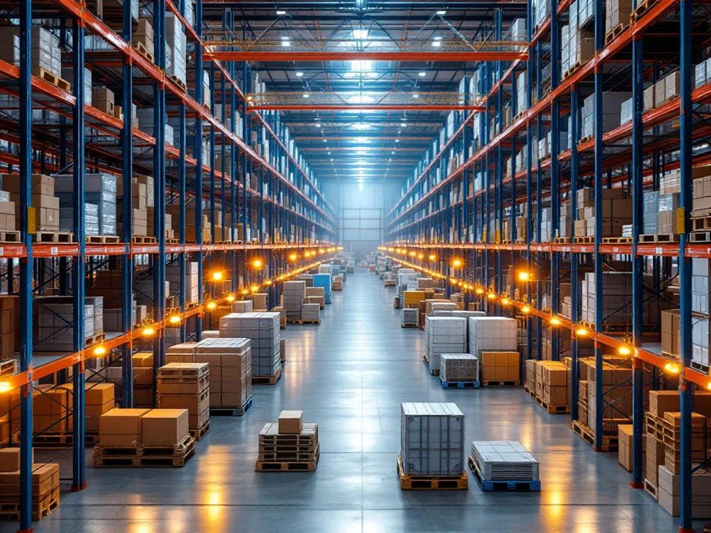 Magazijn met blauwe stalen stellingen, mobiele opslageenheden en palletrekken tijdens piekseizoen voorbereiding