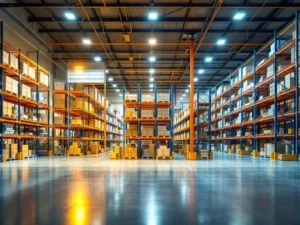 Magazijninterieur met drie opslagzones: snelle toegang links, standaard rekken midden, hoge dichtheid rechts