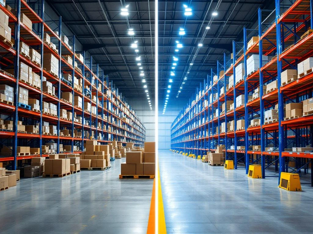 Magazijn transformatie voor-en-na: rommelige opslag links versus georganiseerde stellingsystemen rechts