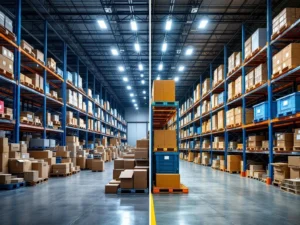 Magazijn voor-en-na transformatie: chaotische opslag links, georganiseerde blauwe stellingsystemen rechts