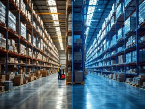 Magazijn voor-en-na transformatie: rommelige opslag links, geoptimaliseerd met blauwe stellingensystemen en worker rechts