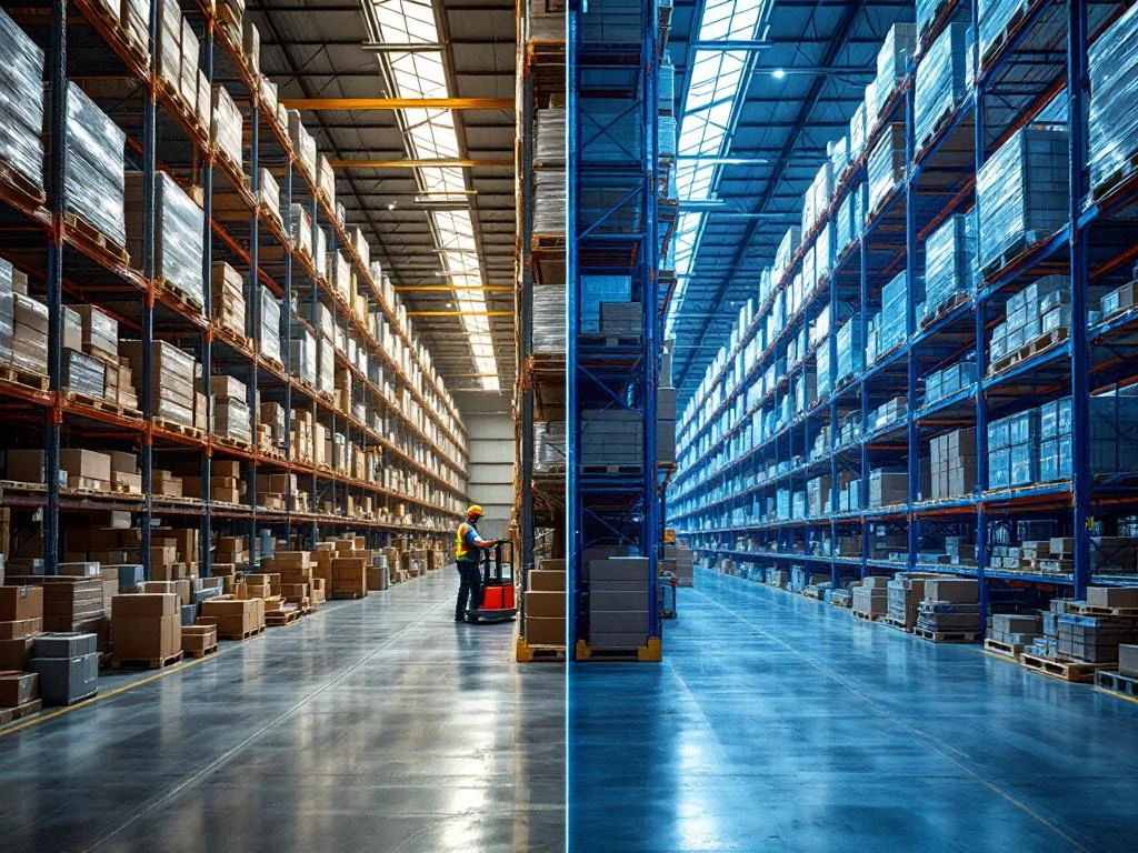 Magazijn voor-en-na transformatie: rommelige opslag links, geoptimaliseerd met blauwe stellingensystemen en worker rechts