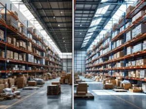 Magazijn voor-na vergelijking: rommelige opslag links versus georganiseerd pallet systeem met blauwe stellingen rechts