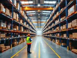 Georganiseerd magazijn met blauwe stellingensystemen, verlichte gangpaden en werknemer met tablet bij pallets