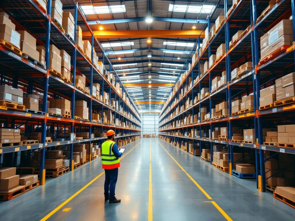 Georganiseerd magazijn met blauwe stellingensystemen, verlichte gangpaden en werknemer met tablet bij pallets