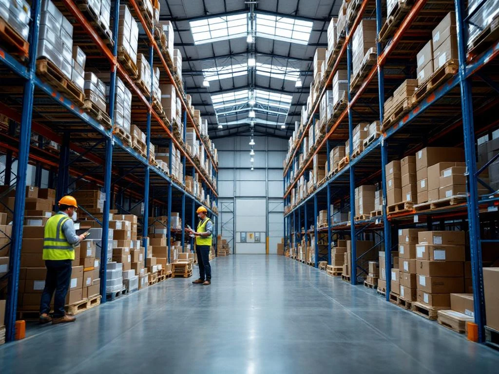 Georganiseerd magazijn met blauwe stellingensystemen, dozen en werknemer met tablet bij verlichte gangpaden