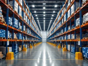 Modern magazijn met symmetrische gangpaden, blauwe palletstellingen, werkstation en oranje veiligheidsmarkering