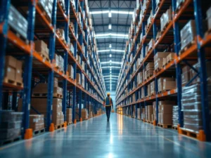 Professioneel magazijn met blauwe palletstellingen, georganiseerde dozen en medewerker in veiligheidskleding in gangpad