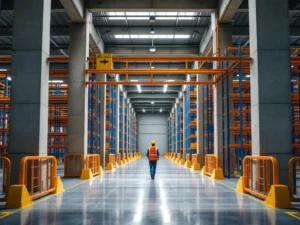 Magazijnmedewerker navigeert tussen betonnen pilaren en blauwe stellingrekken met oranje veiligheidsbarrières in geoptimaliseerd magazijn