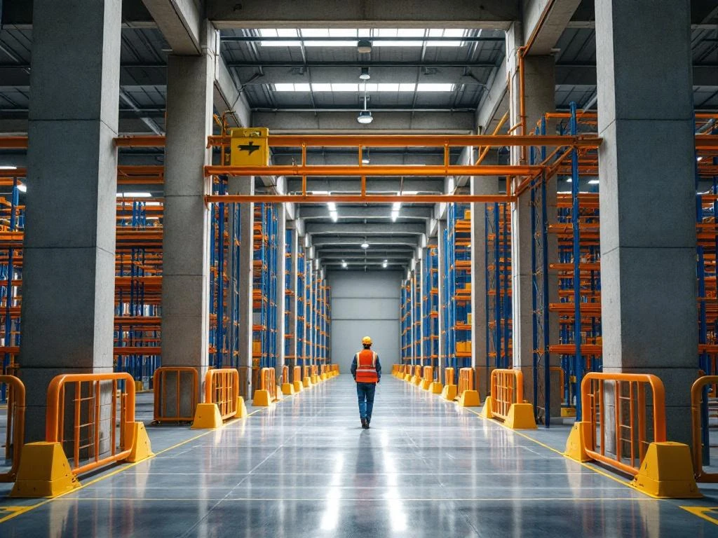 Magazijnmedewerker navigeert tussen betonnen pilaren en blauwe stellingrekken met oranje veiligheidsbarrières in geoptimaliseerd magazijn