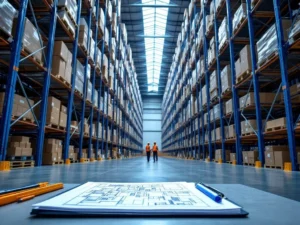 Magazijninterieur met blauwe stellingensystemen, planningsklembord op voorgrond en werknemers in veiligheidskleding