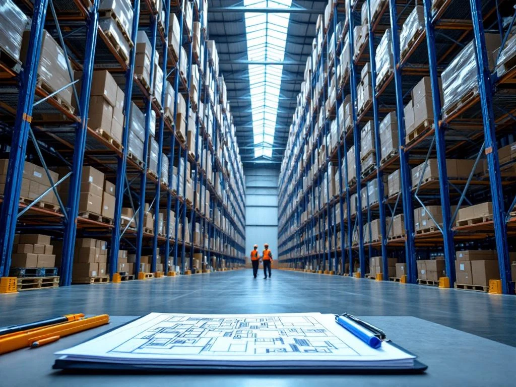 Magazijninterieur met blauwe stellingensystemen, planningsklembord op voorgrond en werknemers in veiligheidskleding