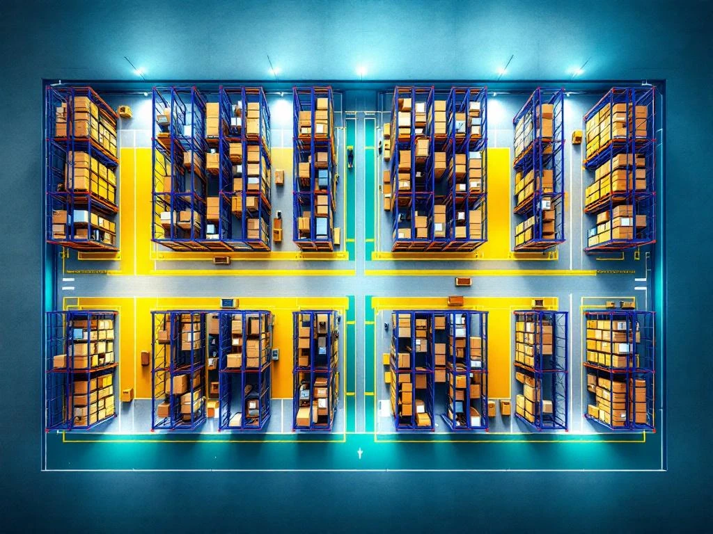 Luchtfoto van moderne magazijnindeling met kleurgecodeerde opslagzones, palletrekken en gemarkeerde gangpaden