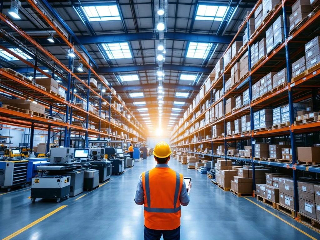 Magazijninterieur met productiegebied links en opslagruimte rechts, arbeider met tablet beheert voorraad in centrale gang