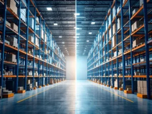 Magazijn voor en na optimalisatie: links rommelige opslag op de grond, rechts georganiseerde blauwe palletrekken