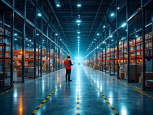 Modern magazijn met drie zones die schaalgroei tonen: compacte stellingen, palletopslag en geautomatiseerde robotsystemen.