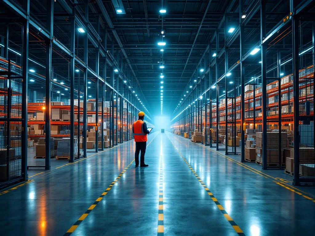 Modern magazijn met drie zones die schaalgroei tonen: compacte stellingen, palletopslag en geautomatiseerde robotsystemen.