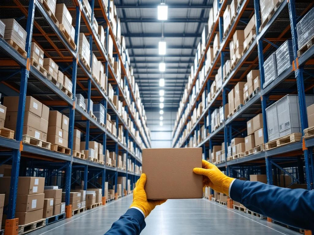 Magazijn met blauwe stalen palletrekken, georganiseerde opbergbakken en LED-verlichting, hand reikt naar voorraad