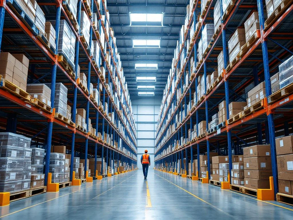 Moderne industriële magazijnruimte met blauwe stellingen, georganiseerde opslag en werknemer in veiligheidskleding