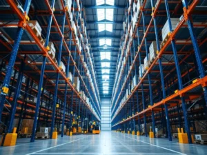 Magazijnmedewerker bedient reachtruck tussen hoge blauwe palletrekken met oranje veiligheidsaccenten in industrieel warehouse