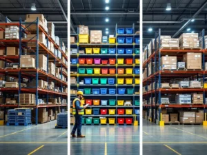 Magazijn met verschillende stellingsystemen: blauwe palletrekken, modulaire bakopslag en kraagarmstelling, werknemer met tablet