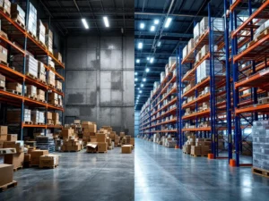 Magazijntransformatie: links rommelige opslag met dozen op de vloer, rechts georganiseerde stellingen en brede gangen