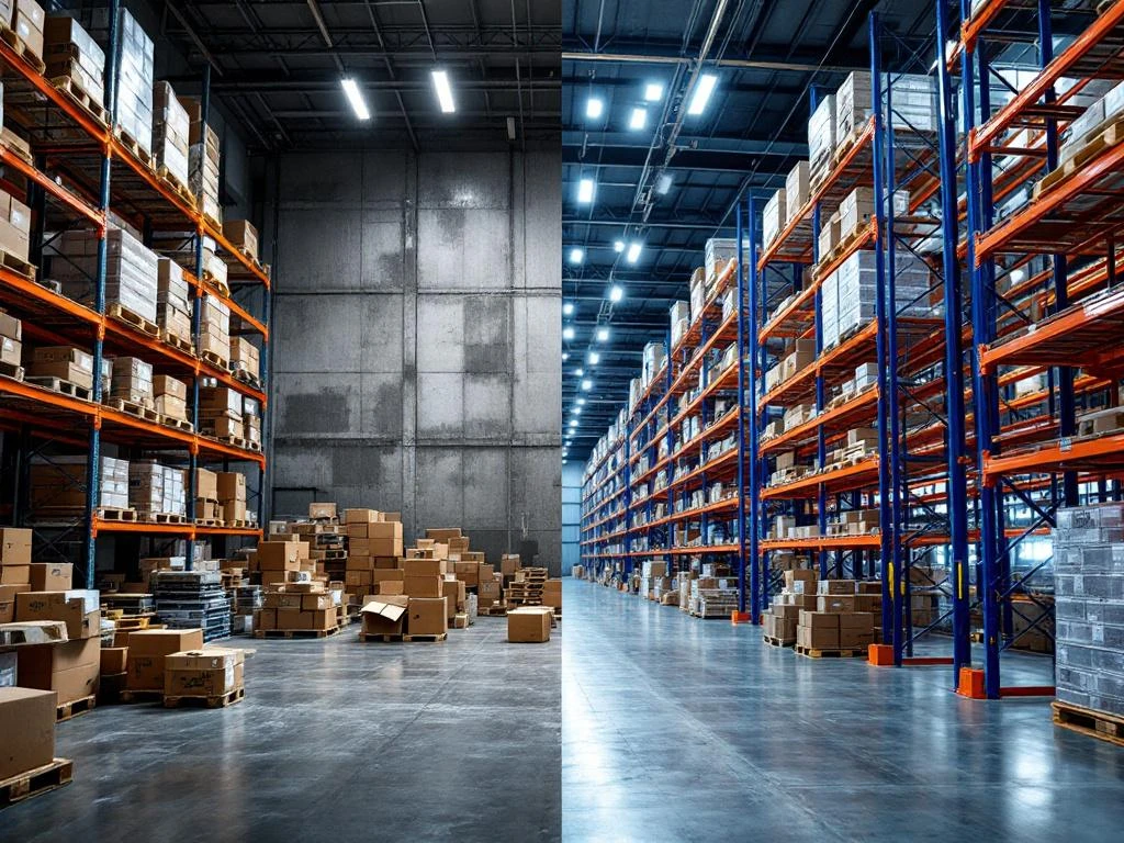 Magazijntransformatie: links rommelige opslag met dozen op de vloer, rechts georganiseerde stellingen en brede gangen