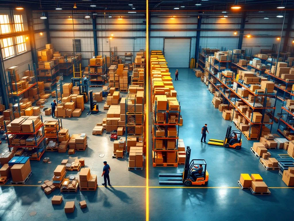 Magazijntransformatie van rommelige opslag naar georganiseerd distributiecentrum met vorkheftrucks en moderne stellingen