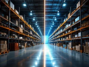 Magazijn split-beeld toont contrast tussen oude roestige stellingen links en moderne LED-verlichte opslag rechts