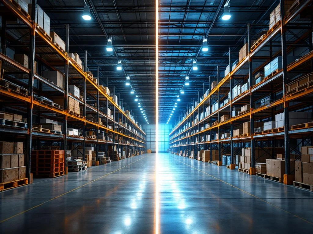 Magazijn split-beeld toont contrast tussen oude roestige stellingen links en moderne LED-verlichte opslag rechts