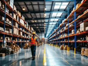 Magazijn transformatie: rommelige opslag links versus georganiseerde blauwe stellingensystemen rechts met werknemer