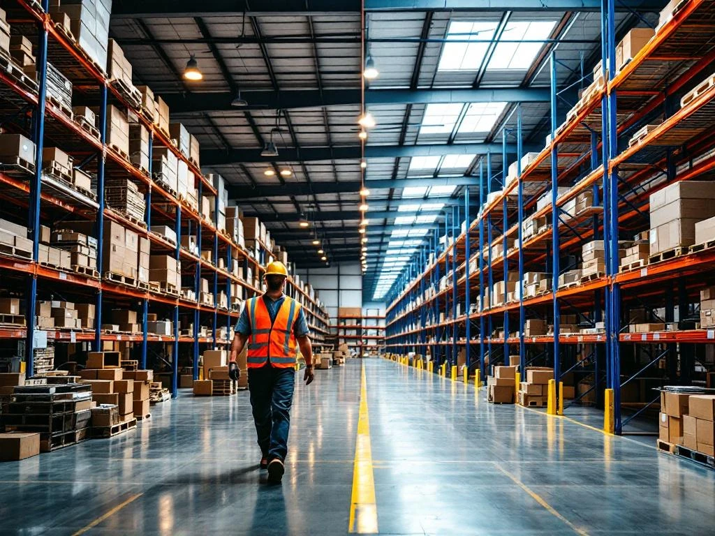 Magazijn transformatie: rommelige opslag links versus georganiseerde blauwe stellingensystemen rechts met werknemer