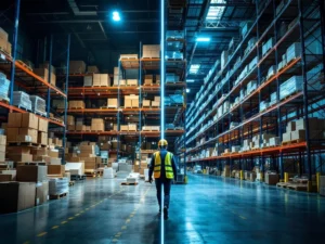 Magazijntransformatie: chaotische opslag links versus georganiseerde blauwe stellingsystemen rechts met veilige gangpaden