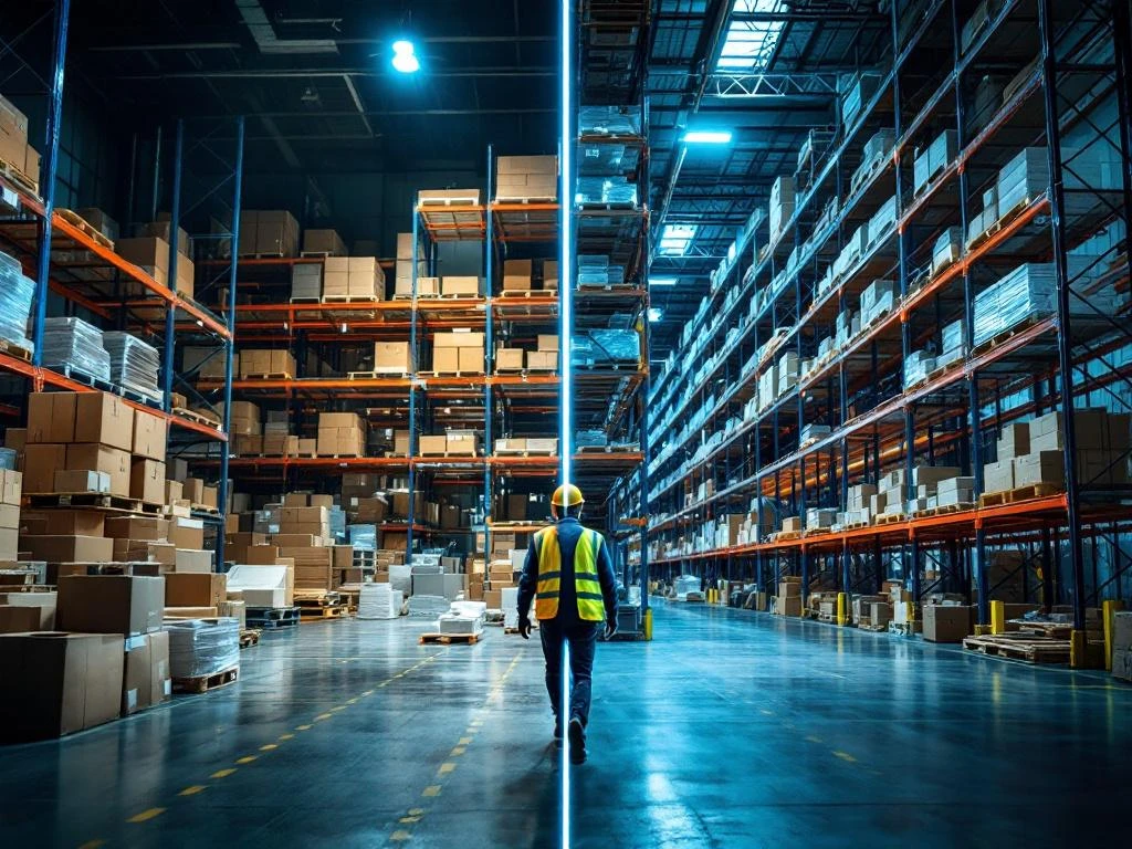 Magazijntransformatie: chaotische opslag links versus georganiseerde blauwe stellingsystemen rechts met veilige gangpaden