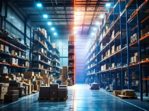 Magazijn transformatie: links rommelige opslag met dozen op vloer, rechts georganiseerde blauwe stellingensystemen met verticale opslag