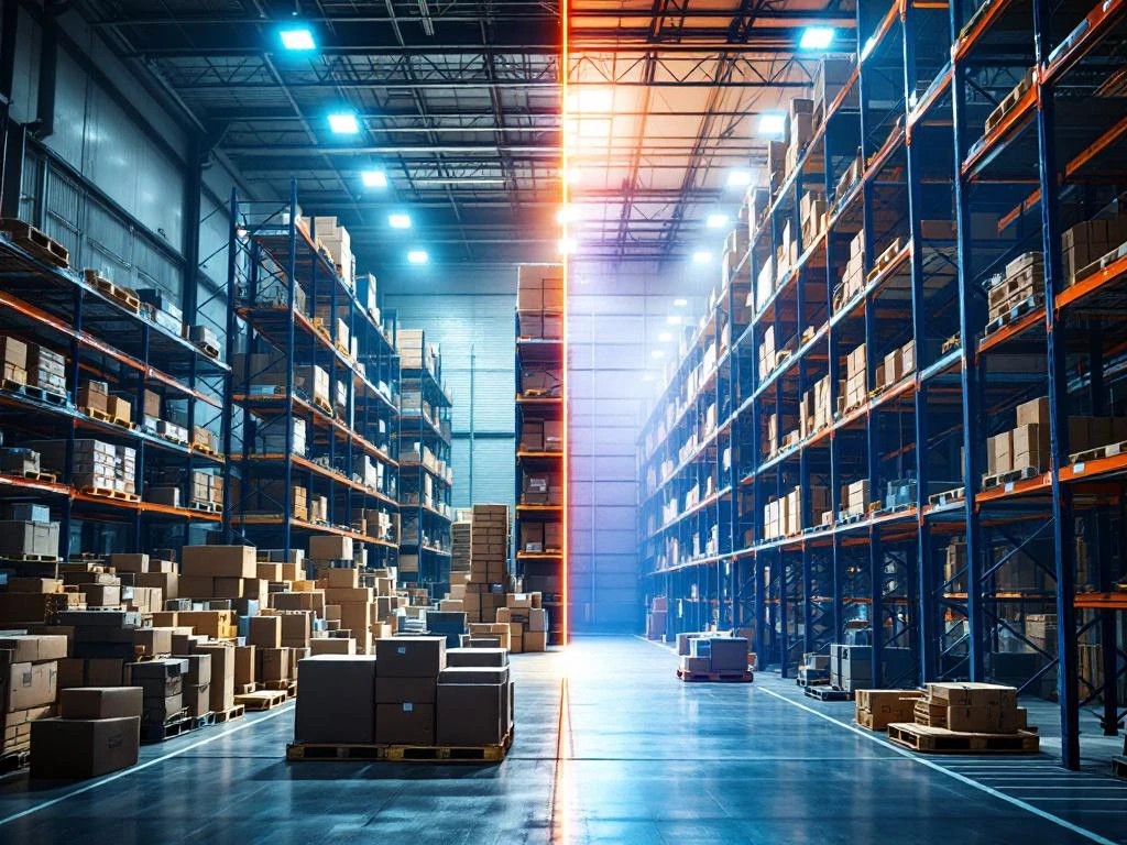 Magazijn transformatie: links rommelige opslag met dozen op vloer, rechts georganiseerde blauwe stellingensystemen met verticale opslag