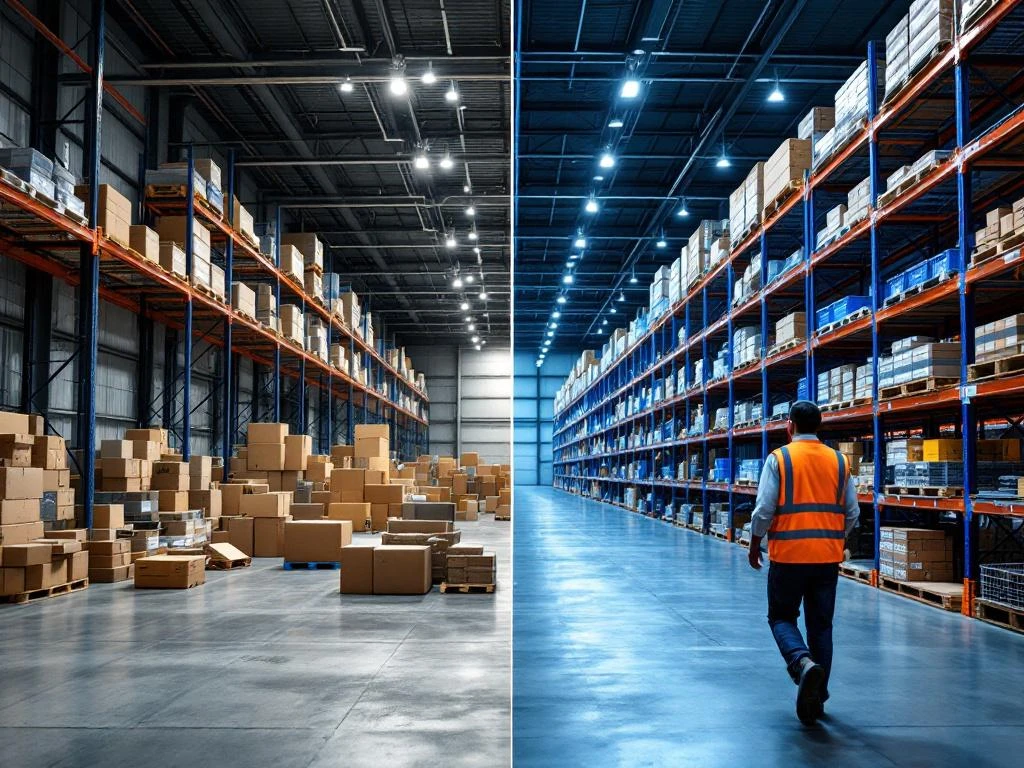 Magazijn transformatie: links rommelige opslag met verspreide dozen, rechts georganiseerd met blauwe stellingen en werknemer