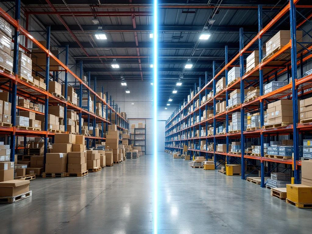 Magazijn voor-en-na transformatie: rommelige opslag links versus georganiseerde blauwe palletrekken rechts