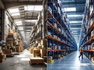 Magazijn voor en na transformatie: links rommelige opslag, rechts georganiseerde blauwe stellingsystemen met werker