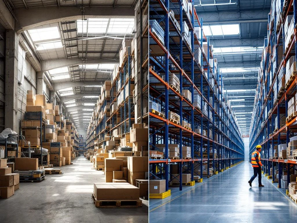 Magazijn voor en na transformatie: links rommelige opslag, rechts georganiseerde blauwe stellingsystemen met werker